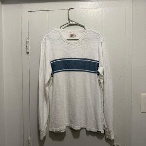 Faherty Men's Long Sleeve White and Blue Surf Stripe T-Shirt Size Medium.